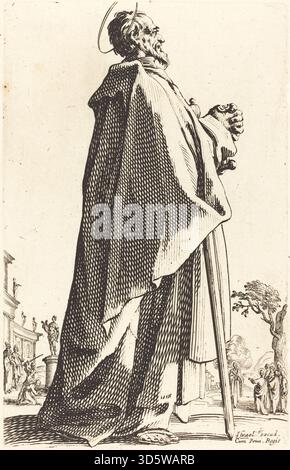 Druck von Jacques Callot, veröffentlicht 1631 mit dem heiligen Matthäus. Die Ätzung konzentriert sich auf Ikonographie, Kleidung, Haltung und religiöse Symbole, die typisch für die europäische christliche Kunst des frühen 17. Jahrhunderts sind. Stockfoto