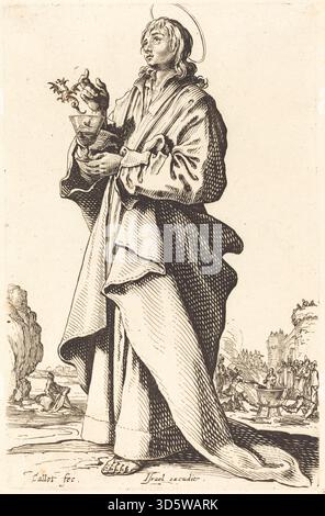 Radierung von Jacques Callot, veröffentlicht 1631 mit der Darstellung des Heiligen Johannes des Evangelisten. Das Kunstwerk zeigt den heiligen mit traditionellen Attributen, Haltung und Kleidung, die die europäische religiöse Kunst des frühen 17. Jahrhunderts widerspiegeln. Stockfoto