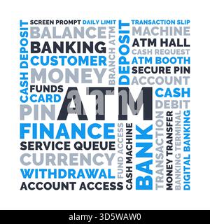 ATM Square Word Cloud, Banking Financial Machine und Servicetransaktionen Stock Vektor