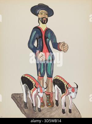 Ein amerikanischer Druck aus dem 20. Jahrhundert, Plate 30 aus „Spanish Colonial Designs of New Mexico“, der den Heiligen Isidor mit architektonischen und dekorativen Elementen des spanischen kolonialen Erbes darstellt und religiöse Symbole hervorhebt. Stockfoto