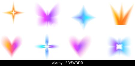 Set mit irisierenden, unscharfen y2k-Symbolen. Herz mit Verlaufsverlauf, Schmetterlingsblumen-Set. Helle Aura-Formen. Schlichte Collage blinkt mit neonfarbenen Figuren. Stock Vektor