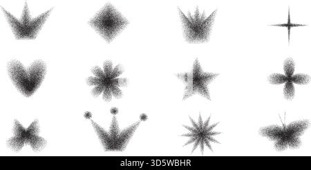 Symbole y2k-Formen mit Rauschen-Gradienten. Abstufungs-Halbton-Illustration von Schmetterling, Krone, Blume und Herz mit Sternpunktmuster. Vektorspray Stock Vektor