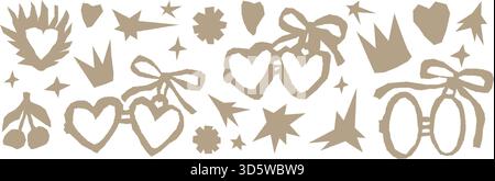 Ein paar herzförmige Medaillen zerrissene Papiere. Love Symbol Silhouette, Papierausschnitt. Handgezeichneter, ausgeschnittener Aufkleber mit Krone, Stern, Schleife mit Doodle-Elementen. V Stock Vektor