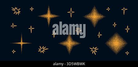 Kornverlauf funkelt Formen. Y2K Punktlärm Nachthimmel mit Sternenfiguren. Funkelnde und blendende Punkte mit Farbabstufungen. Vektorkörniger Text Stock Vektor