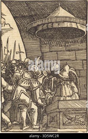 Altdorfers Gemälde „Pilate wascht seine Hände“ aus dem Jahr 1513 zeigt Pontius Pilatus den biblischen Akt und betont Gesten, Gesichtsausdrücke, Kleidung und einen detaillierten architektonischen Hintergrund im Stil der deutschen Renaissance. Stockfoto