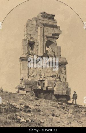 Gemälde von Themistokles von Eckenbrecher mit dem Philopappos-Denkmal, einem antiken griechischen Grabdenkmal mit klassischen architektonischen Merkmalen wie Säulen, Giebel und skulpturalen Details, die mit Realismus aus dem 19. Jahrhundert dargestellt wurden. Stockfoto