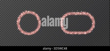 Set aus Roségold-Glitzer-Ellipse und Kreisrahmen. Stardust Weihnachten Konfetti Grenzen. Dünnes ovales und rundes Textfeld mit rosafarbenem Glitzer. Party glitzernde Geom Stock Vektor
