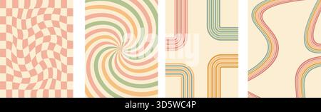 Retro-Regenbogenlinien, Schachbrett, groovige Flippergrafik-Hintergründe. Die Kollektion ist mit gewelltem Swirl-Starburst und Streifen in Vintage-Farben bedeckt. Vektor r Stock Vektor