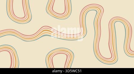 Groovige Regenbogenlinien im Hintergrund. Abdeckung in gewellten Streifen in Vintage-Farben. Verspieltes Design mit Wellenbogen. Vektor Retro Beige Wackelschmuck. Stock Vektor