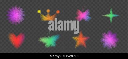 Y2K Kornrauschen Gradienten Stern, Schmetterlingsblüten. Neonfarben Punktabstufung Airbrush Herz, funkelnde Sprayelemente. Ästhetische Retro-Körnung einfache Figu Stock Vektor