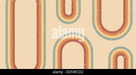 Retro-Regenbogenlinien gekrümmter Pfadhintergrund. Breites, beigefarbenes Banner mit abstraktem Muster mit boho-Streifen. Vektor Vintage gebogene Unterstreichung geometrische Rückseite Stock Vektor