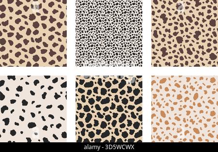 Nahtlose Tiermuster. Dalmatinische, Giraffe, Kuh, Hintergrundsammlung. Unregelmäßige Freiform Blobs Hirsch, Hundehaut Textur einfache Formen. Camouflage PA Stock Vektor