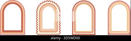 Rotes Rahmenset mit gewölbtem Muschelrand. Gewellte Kanten geometrische Kritzelschablone isoliert. Wellenbogenränder mit Vintage-Streifen in Regenbogenfarben. Postereinladung leer mit Stock Vektor