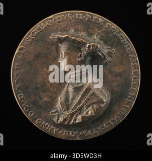 Diese Medaille von Giovanni Maria Mosca aus dem Jahr 1532 zeigt Sigismund Augustus auf der Vorderseite. Die Komposition betont das Porträt des Herrschers, die Insignien und die italienischen Medaillen der Renaissance und die Darstellung europäischer Monarchen. Stockfoto
