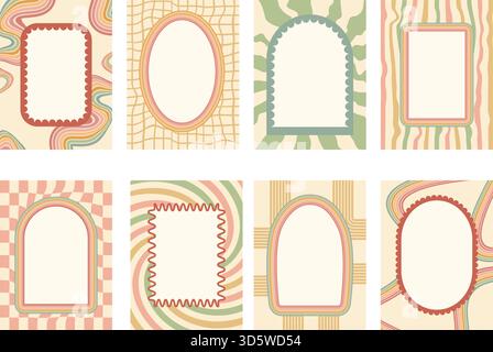 Rahmensatz für geometrische Textfelder mit Muschelrand. Gewellter, grooviger Bogen, ovale, rechteckige Ränder auf kariertem und unebenem Hintergrund mit Regenbogenlinien. Y2K Retro-Dekor Stock Vektor