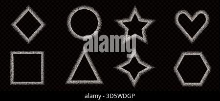 Backen Sie Mehl geometrische Formen Rahmen Set. Körniges Rauschen strukturierte weiße, dünne Linien umrandet Elemente. Text mit Herz, Rechteck, Stern und Funkeln Stock Vektor