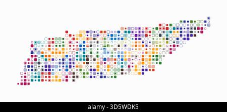 Tennessee, Form des Staates, gebaut aus farbigen Zellen. Digitale Karte von Tennessee auf weißem Hintergrund. Kleine abgerundete quadratische Blöcke. Stock Vektor