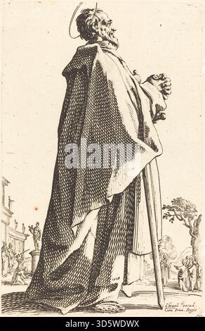 Radierung von Jacques Callot, veröffentlicht 1631 mit Darstellung des heiligen Matthäus. Das Kunstwerk veranschaulicht den heiligen mit traditionellen Attributen, Kleidung und Haltung, die die europäische religiöse Kunst des 17. Jahrhunderts widerspiegeln. Stockfoto