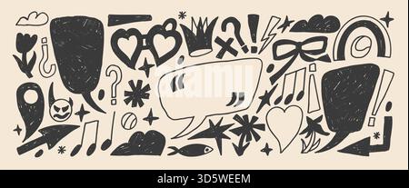 Handgezeichnete Beschreibungen Kritzeleien Collage Elemente Set. Bleistift gezeichnete Sprechblasen mit Notenzeichen, Krone, Herz von Hand gemacht. Textfelder mit inver Stock Vektor