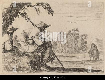 Radierung von Stefano Della Bella, 1642, mit sitzenden Pilgern. Der Druck zeigt Figuren in sitzenden Posen, Kleidungsdetails, Gesten und barocken Ätzungen. Stockfoto