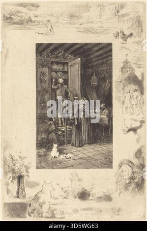 Eine Radierung von Félix Hilaire Buhot um 1885, die ältere Menschen in ländlicher Umgebung zeigt, wobei der Schwerpunkt auf Figuren, Gesten und der umgebenden Landschaft liegt und soziale Aspekte des Dorflebens veranschaulicht. Stockfoto