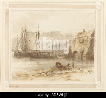 Dieses Gemälde von Heneage Finch, 4. Earl of Aylesford, zeigt eine Küstenansicht von Tenby in den 1790er Jahren Die Komposition umfasst die Stadt, die Küste, Boote, Figuren und natürliche Elemente, erfassen der Landschaft, Architektur und sozialen Aktivitäten dieser Zeit. Stockfoto