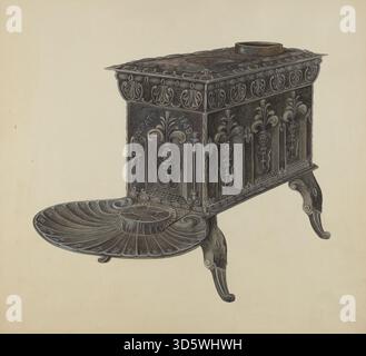 Fußofen, entworfen von Lloyd Quackenbush um 1942, bestehend aus einer Holzkiste mit Metallplatte zum Erwärmen der Füße. Das Objekt demonstriert funktionales Design, handwerkliches Handwerk in Holz und praktische Anwendung im Wohnbereich. Stockfoto