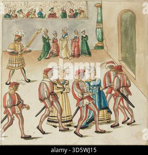 Darstellung einer deutschen Maskerade aus dem Jahr 1515 mit Figuren in dekorativen Masken und Gewändern, die soziale Interaktion, festliche Atmosphäre und deutsche Kulturästhetik des 16. Jahrhunderts betonen. Stockfoto