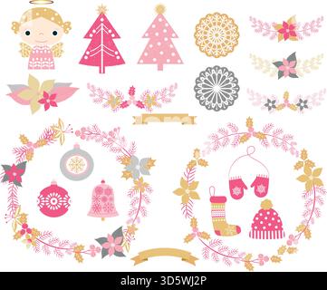 Niedliches Vektor-Set mit weihnachtlichen Design-Elementen, Kränzen, Engeln und Bäumen in rosa, goldenen und grauen Farben für Grußkarten, Einladungen Stock Vektor