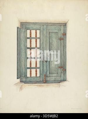 Dieses um 1939 entstandene Werk von William Kieckhofel zeigt Fensterläden mit detaillierten Formteilen, Scharnieren, Riegel, Rahmen und Oberflächendekorationen. Handwerkskunst und funktionales architektonisches Design. Stockfoto
