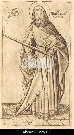 Dieser Druck von Israhel van Meckenem nach Meister es aus dem jahr 1470-1480 zeigt den heiligen Matthäus, möglicherweise den heiligen Paulus, mit traditionellen Attributen, geätzt in feinen Linien, die christliche Ikonographie und hingebungsvolle Druckerei des 15. Jahrhunderts repräsentieren. Stockfoto