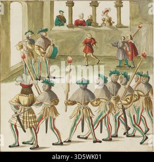 Darstellung einer deutschen Maskerade aus dem 16. Jahrhundert aus dem Jahr 1515, die maskierte Figuren in detaillierten Kostümen, festlichen Innenräumen, gesellschaftlichem Engagement und zeremoniellen Traditionen hervorhebt. Stockfoto