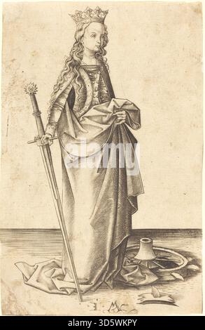 Dieser Druck von Israhel van Meckenem, um 1480–1490, zeigt die Heilige Katharina. Der Stich zeigt die europäische religiöse Ikonographie des späten 15. Jahrhunderts mit detaillierter Darstellung des heiligen und symbolischen Attributen. Stockfoto