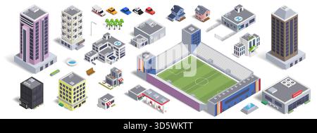 3D-Stadt. Isometrische Gebäude. Büro- und Wohnhäuser. Blick auf den Waldpark. Stadionarena. Geschäftsstadt. Urbane Skyline-Szene. Geschäft und Bankfassade. Vector Town isolierte Elemente Set Stock Vektor