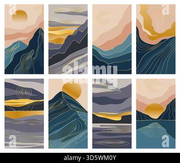 Bergposter. Asiatischer Naturhintergrund. Abstrakte Komposition mit goldenen Linien, Sonne und Himmel. Japanisches Panorama. Böhmische Landschaft mit See und Meer. Vektor-zeitgenössische Illustration Set Stock Vektor