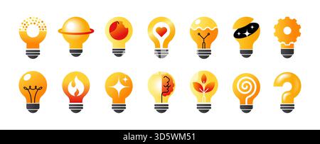 Glühlampen-Logo. Idee SMART-Konzept. Power Mind abstrakter Punkt für Smart Hub. Bildungstechnologie. Unternehmensvision. Elektrische erneuerbare Energien. Symbol für Brainstorming-Zahnrad. Vektorsymbole für gelbe Glühlampen eingestellt Stock Vektor