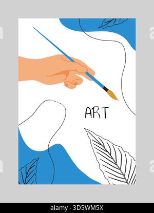 Blumenstimmung. Handzeichnung Natur. Malerarm mit Pinsel. Abstrakte, flache Formen der Kurve. Linienblätter. Malpinsel in den Fingern. Kreative Hobbykarte. Galerie-Ausstellung. Vektorgrafik-Banner Stock Vektor