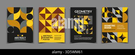 Geometrisches Posterset. Modernes Cover-Design, abstrakter Hintergrund mit Dreiecken. Minimale Komposition mit Kopierraum für Text. Vertikale Banner- oder Flyervorlage für Unternehmen. Vektorkollektion im Bauhaus-Stil Stock Vektor