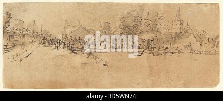 Dieses um 1655 entstandene Gemälde von Rembrandt van Rijn zeigt das Dorf Diemen mit Gebäuden, Landschaften und Wasserstraßen. Das Werk veranschaulicht die niederländische Topographie und Landschaftsmalerei aus der Mitte des 17. Jahrhunderts. Stockfoto