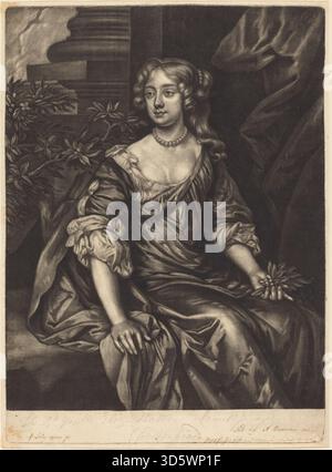 Die rechtmäßige Honorable Lady Elizabeth Butler, die Alexander Browne nach Sir Peter Lely um 1680 sticht, zeigt die Gräfin in formeller Kleidung, hebt Körperhaltung, Gesichtszüge und detaillierte britische Gravurtechniken des 17. Jahrhunderts hervor. Stockfoto