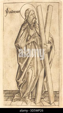 Dieser Druck von Israhel van Meckenem nach Meister es aus dem jahr 1470-1480 zeigt den Heiligen Andreas mit seinen traditionellen Attributen, einschließlich des X-förmigen Kreuzes, in detaillierter Radierung, dargestellt, die religiöse Ikonographie und hingebungsvolle Druckerei des 15. Jahrhunderts repräsentieren. Stockfoto