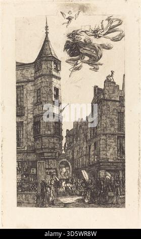 Charles Meryons Ätzung von 1861 zeigt ein Haus mit einem Turm in der Rue de l'école de Médecine in Paris. Das Kunstwerk betont architektonische Elemente, Turmform, Straßenkontext und detaillierte lineare Darstellung städtischer Architektur. Stockfoto