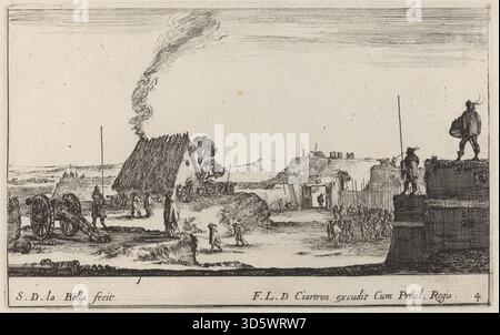 Dieser Druck von Stefano Della Bella aus dem Jahr 1641 zeigt einen Soldaten, der eine Trommel spielt, wobei Musikinstrumente im militärischen Kontext, Soldatenkleidung und Figurenstudien hervorgehoben werden. Stockfoto