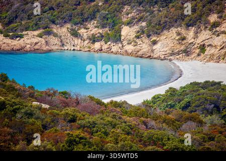 Die Bucht von Roccapina mit ihrem atemberaubenden türkisfarbenen Meer und leerem Sandstrand von oben gesehen Stockfoto
