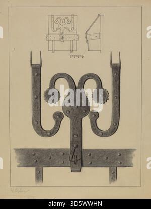 Ein Conestoga-Werkzeugkasten aus dem Jahr 1937 mit Scharnieren und Haspe aus Pennsylvania, hergestellt von Herman Bader. Das aus Metall und Holz gefertigte Stück demonstriert funktionelles Hardware-Design und dekorative Handwerkskunst der Mitte des 20. Jahrhunderts. Stockfoto