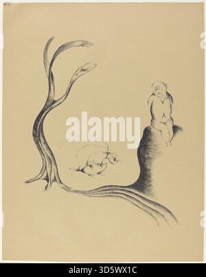 Schwarzweißdruck von Heinrich Hoerle aus dem Jahr 1920 mit dem Titel „der Baum der Sehnsucht“, der einen stilisierten Baum mit geometrischen Zweigen und Figuren darstellt, der den Stil der Neuen Objektivität der deutschen Kunst des frühen 20. Jahrhunderts widerspiegelt. Stockfoto