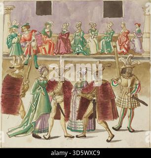 Kunstwerk, das eine deutsche Maskerade aus dem 16. Jahrhundert um 1515 mit maskierten Teilnehmern in kunstvollen Kostümen zeigt und die Innendekoration, gesellschaftliche Aktivitäten und zeremonielle Traditionen hervorhebt. Stockfoto