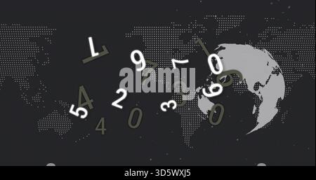 Anzeige von beweglichen numerischen Ziffern, die sich über den digitalen Hintergrund drehen, mit Globus-Silhouette Stockfoto