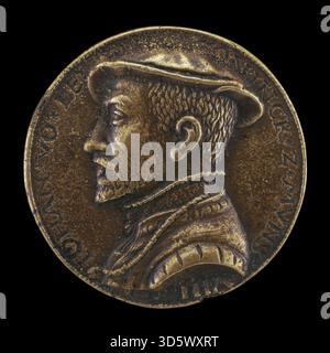 Zeigt Johann van Leyden, einen holländischen Täuferführer, auf einer Münze- oder Medaillenvorderseite und betont Gesichtszüge, Kleidung und historische Bedeutung. Die deutsche Darstellung des 16. Jahrhunderts spiegelt Porträtkonventionen und religiösen Kontext wider. Stockfoto