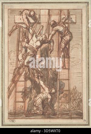 Gemälde von Thomas Blanchet, das die Absage Christi zeigt, mit Figuren, die Christus vom Kreuz herablassen, Drapierung, Ausdrucksformen, Gesten und detaillierter Komposition. mit barockem Realismus der 1670er Jahre Stockfoto